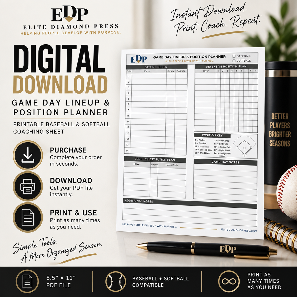 Game Day Lineup & Position Planner – Printable Baseball & Softball Coaching Sheet