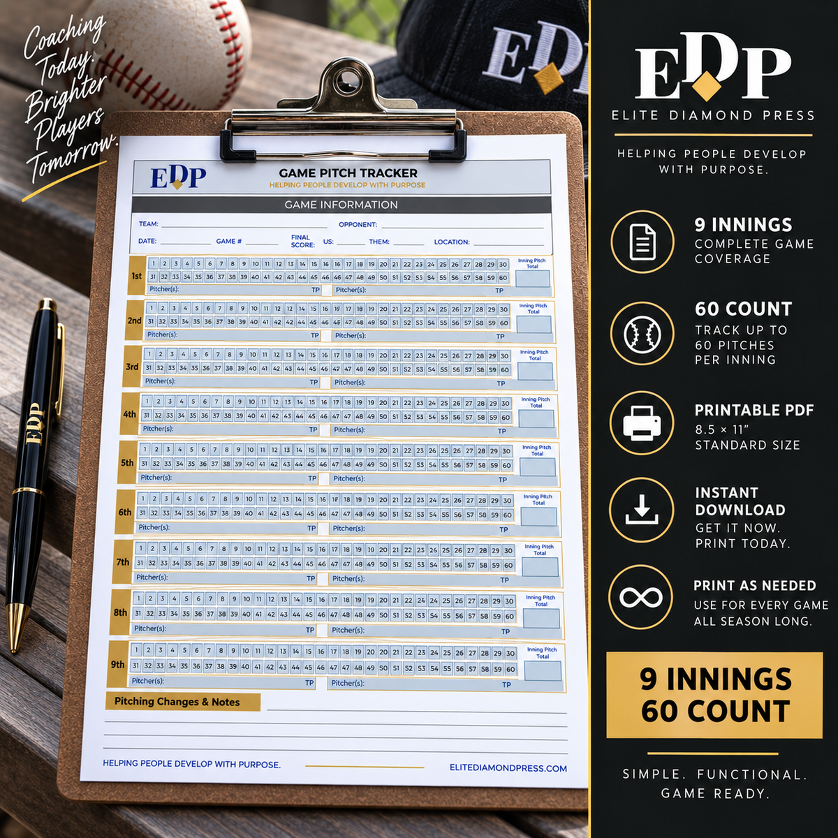 Printable Baseball Pitch Count Tracker | 60 Pitch Game Sheet