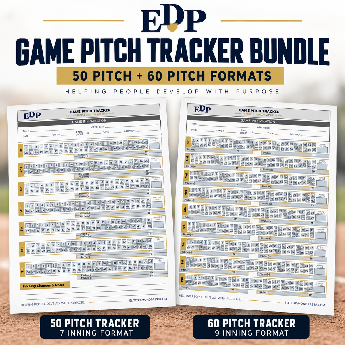Printable Baseball Pitch Count Tracker Bundle | 50 & 60 Pitch Game Sheets