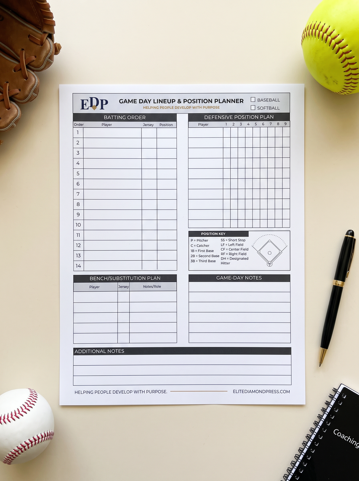 Game Day Lineup & Position Planner – Printable Baseball & Softball Coaching Sheet