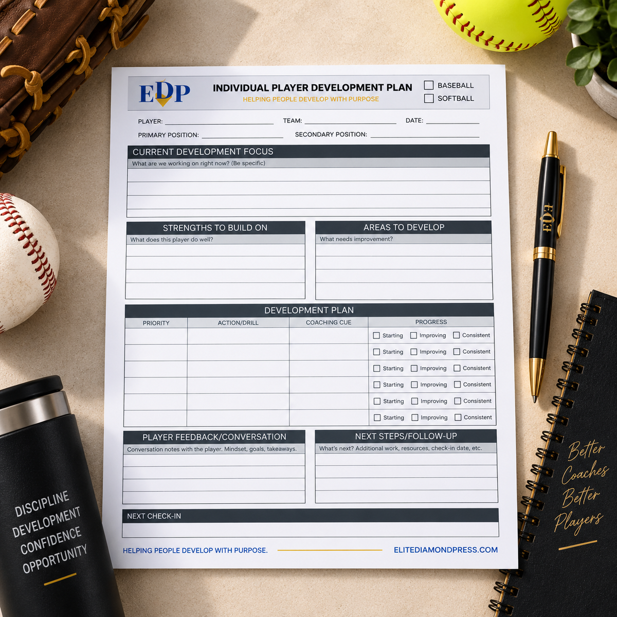 Individual Player Development Plan – Printable Baseball & Softball Coaching Sheet