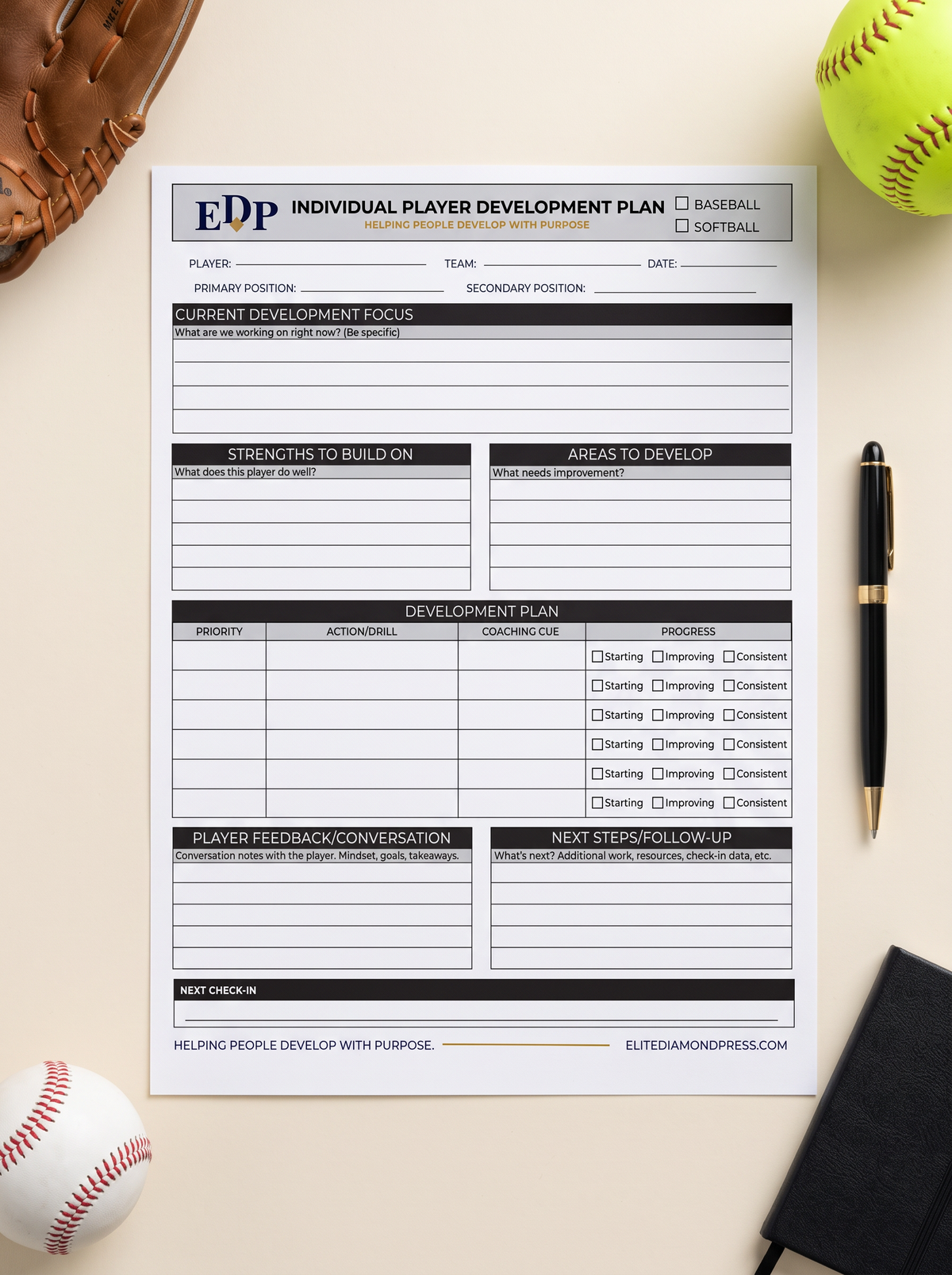 Individual Player Development Plan – Printable Baseball & Softball Coaching Sheet